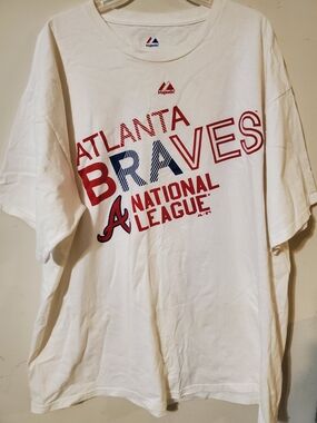 90s Majestic Atlanta Braves National League Tee - White/Red/Blue Mens 2XL